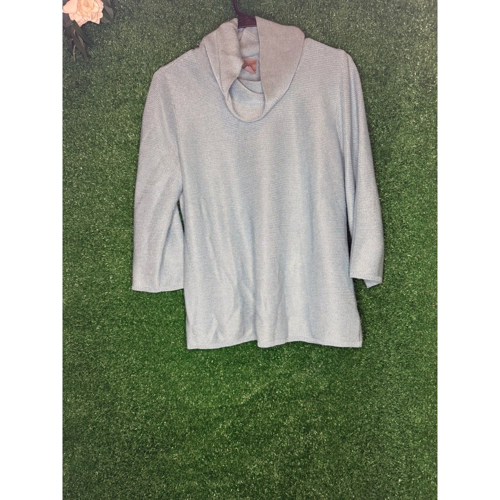 Chico's Easywear Blue Cowl Neck Tunic Sweater Size 1 3/4 Sleeve Textured Knit